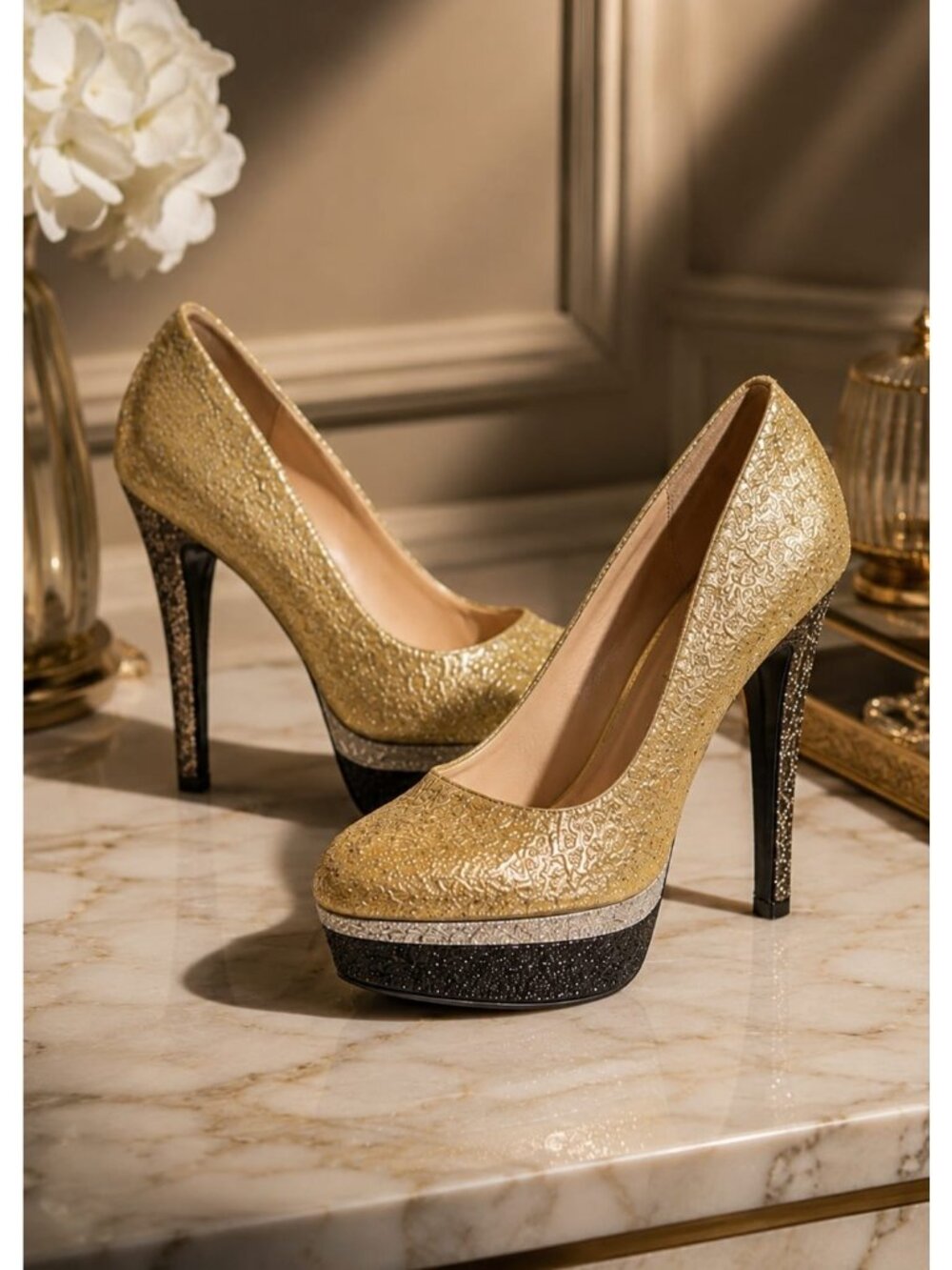 Gold Glitter Platform High Heels With Black & Silver Accents Size 10 Betsey John